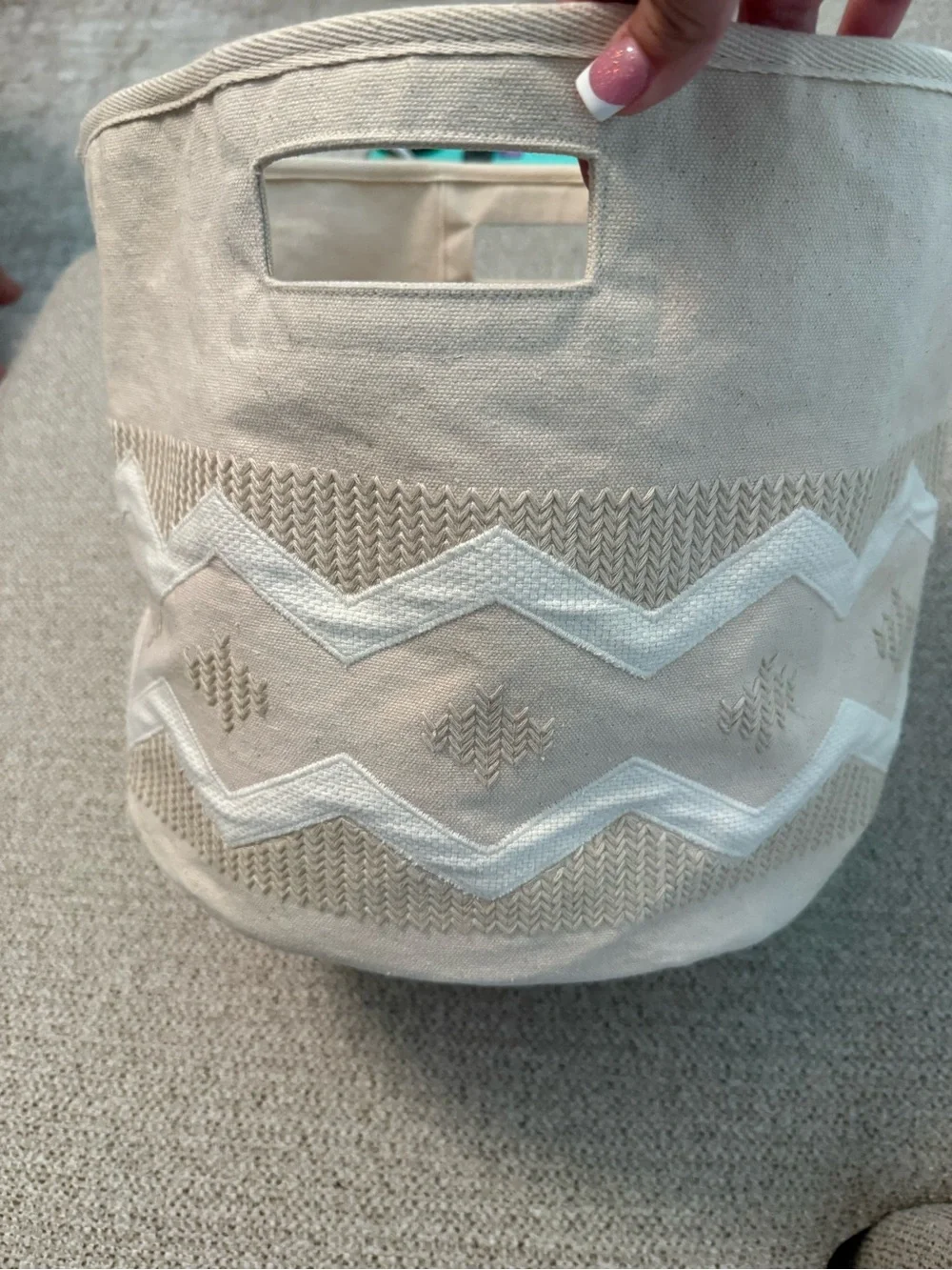 Crane baby Cream Textured Pouf Ottoman with Geometric Embroidery